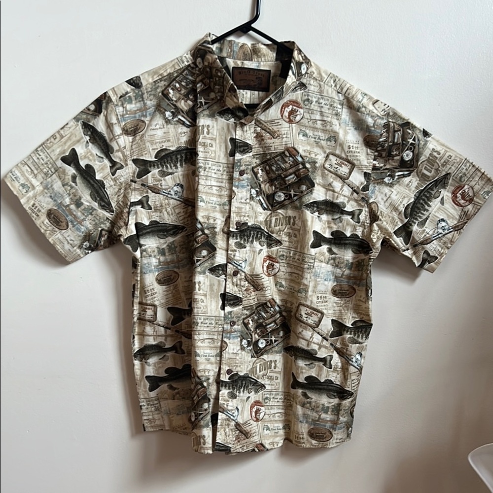 Fishing Casual Cream and Black Button Down Shirt with tackle box and old lures